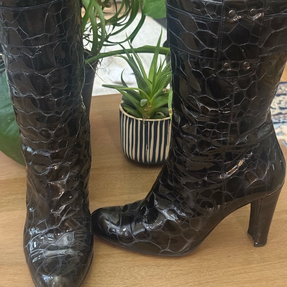 Stuart Weitzman Black Patent Croc-Embossed High Heel Boots - Picture 6 of 8